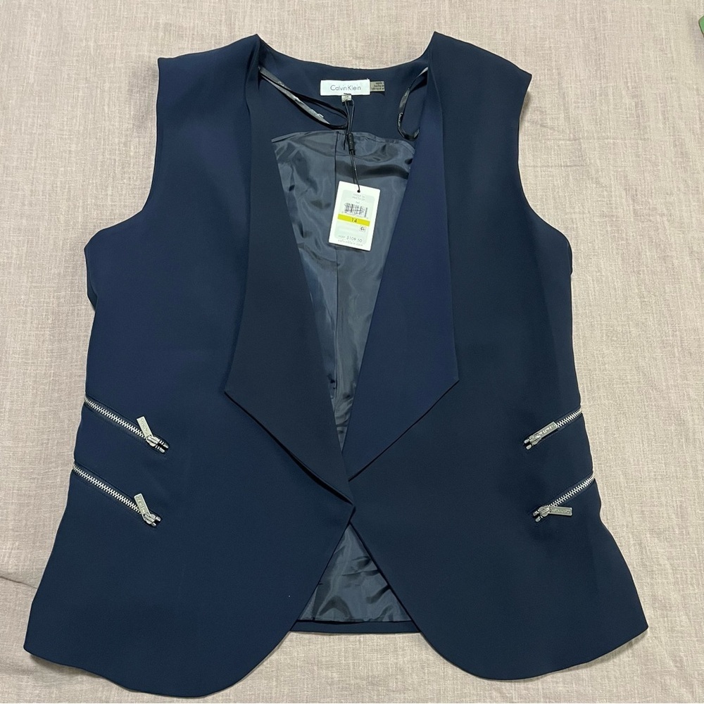 NWT Calvin Klein Women Navy Open Vest Zipper Details Size 14 Workwear Office - Picture 2 of 7